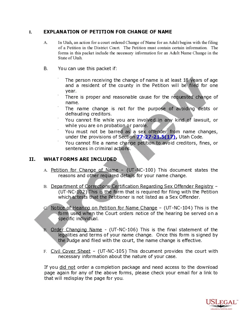 Preview Utah Name Change Instructions and Forms Package for an Adult