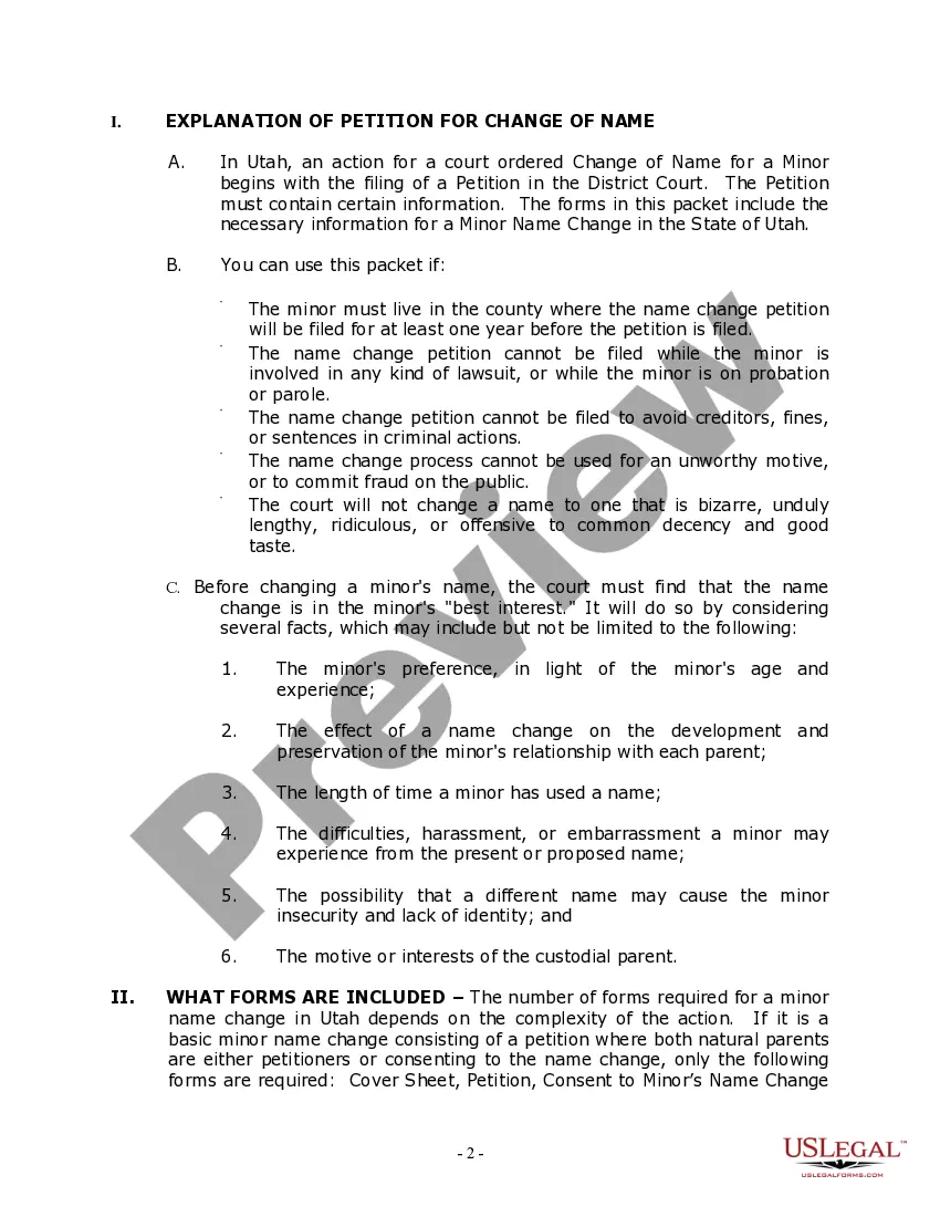 Preview Utah Name Change Instructions and Forms Package for a Minor