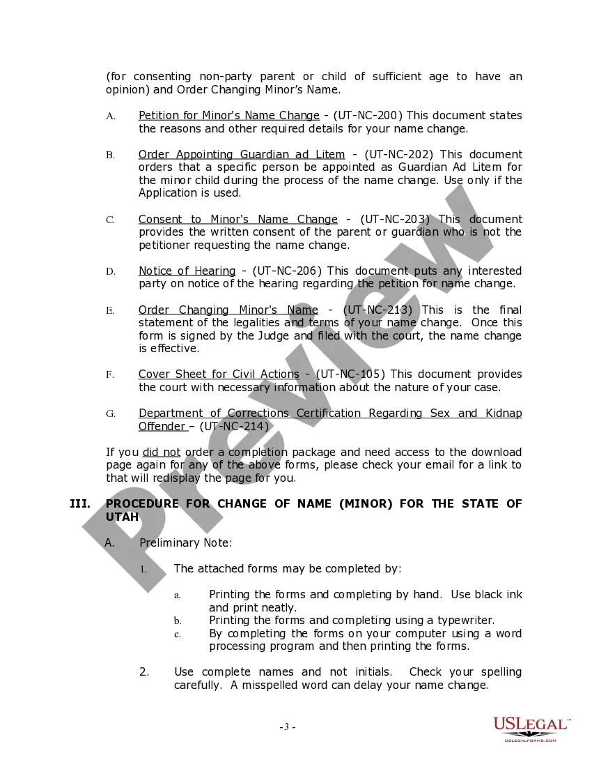 Preview Utah Name Change Instructions and Forms Package for a Minor
