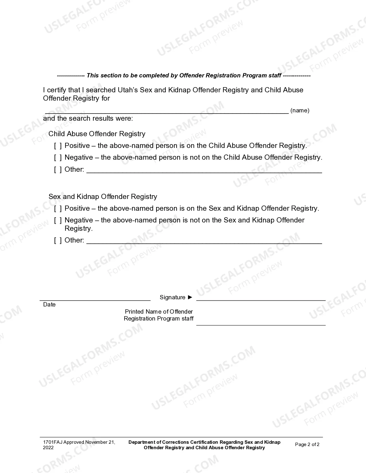 Preview Department of Corrections Certification Regarding Sex and Kidnap Offender - Minor Child