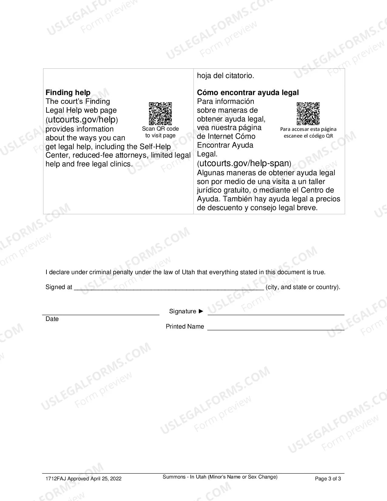 Preview Summons for Minor Child Name Change - Served in the State of Utah