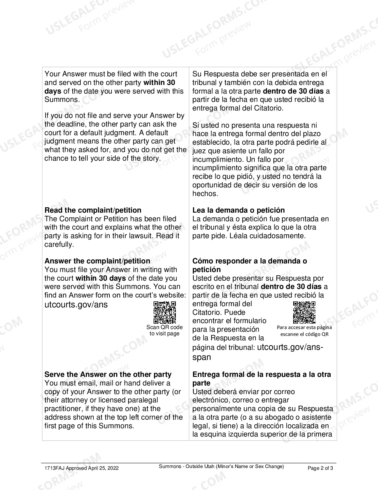Preview Summons for Minor Child Name Change - Served Out of the State of Utah