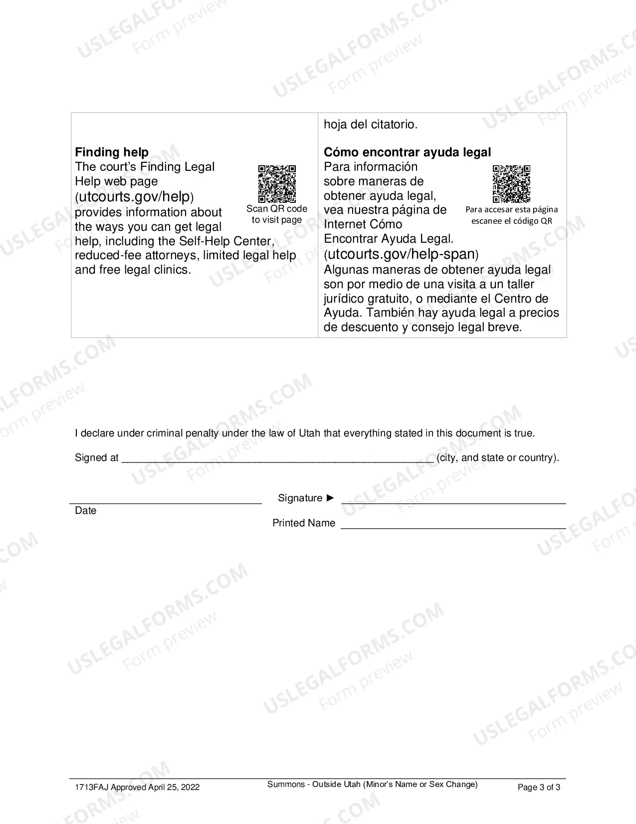 Preview Summons for Minor Child Name Change - Served Out of the State of Utah