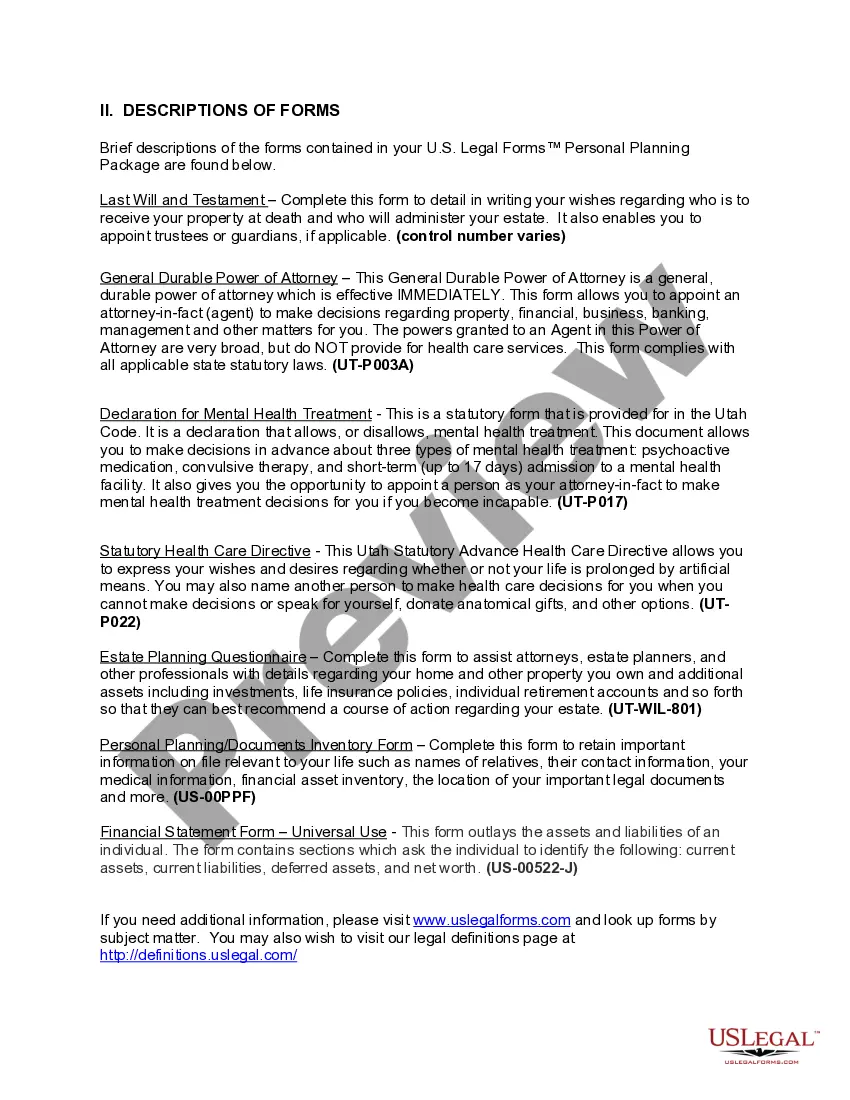 Preview Utah Life Documents Planning Package, including Will, Power of Attorney and Living Will