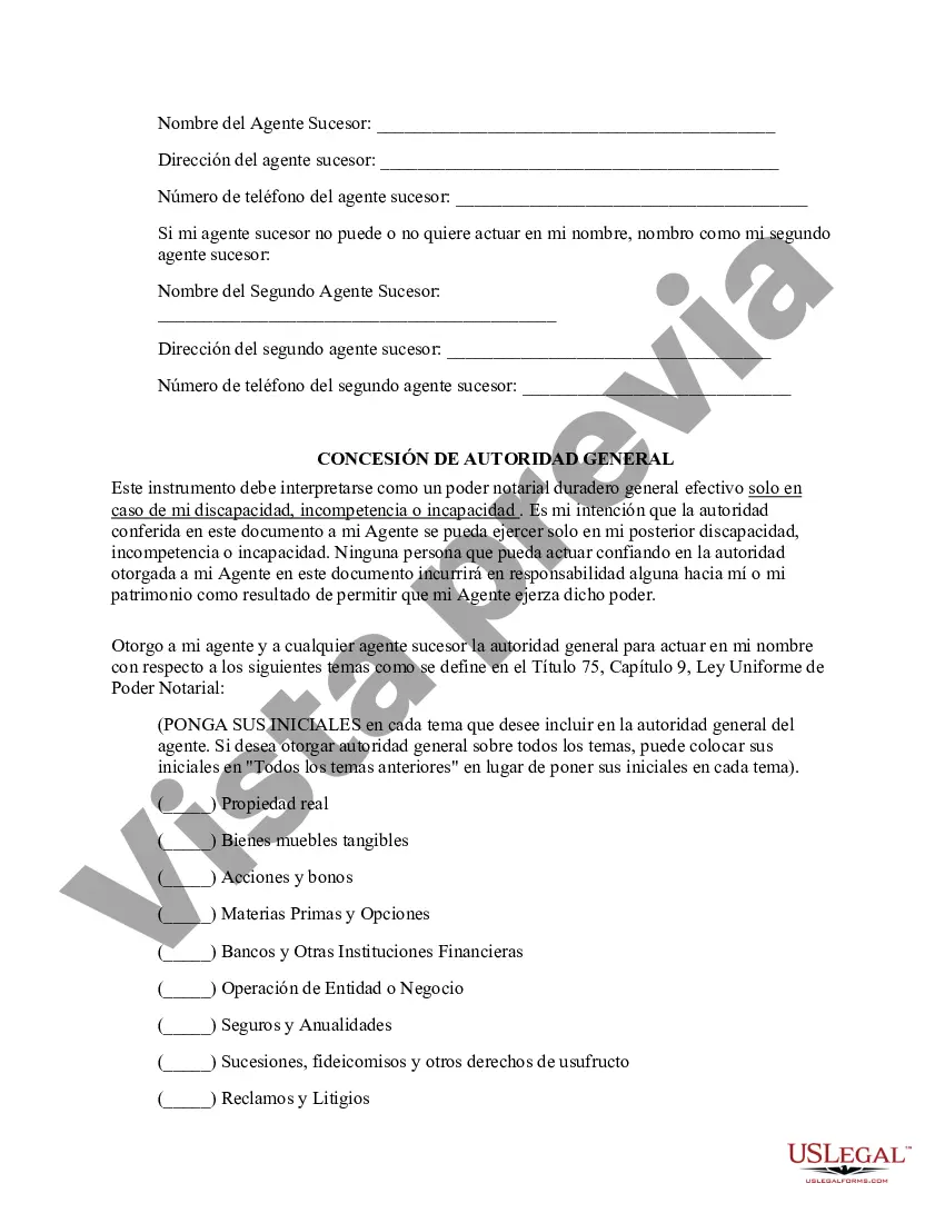 Preview Poder general duradero para la propiedad y las finanzas o efectivo financiero en caso de incapacidad