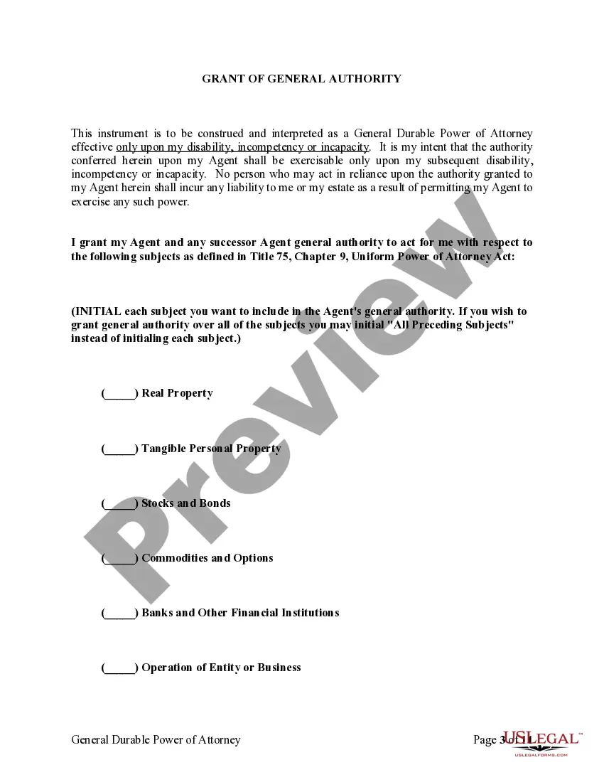 Preview General Durable Power of Attorney for Property and Finances or Financial Effective upon Disability