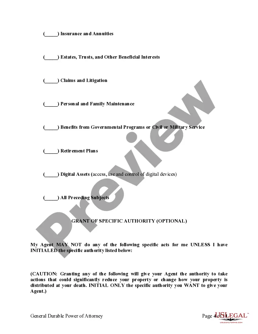 Preview General Durable Power of Attorney for Property and Finances or Financial Effective upon Disability