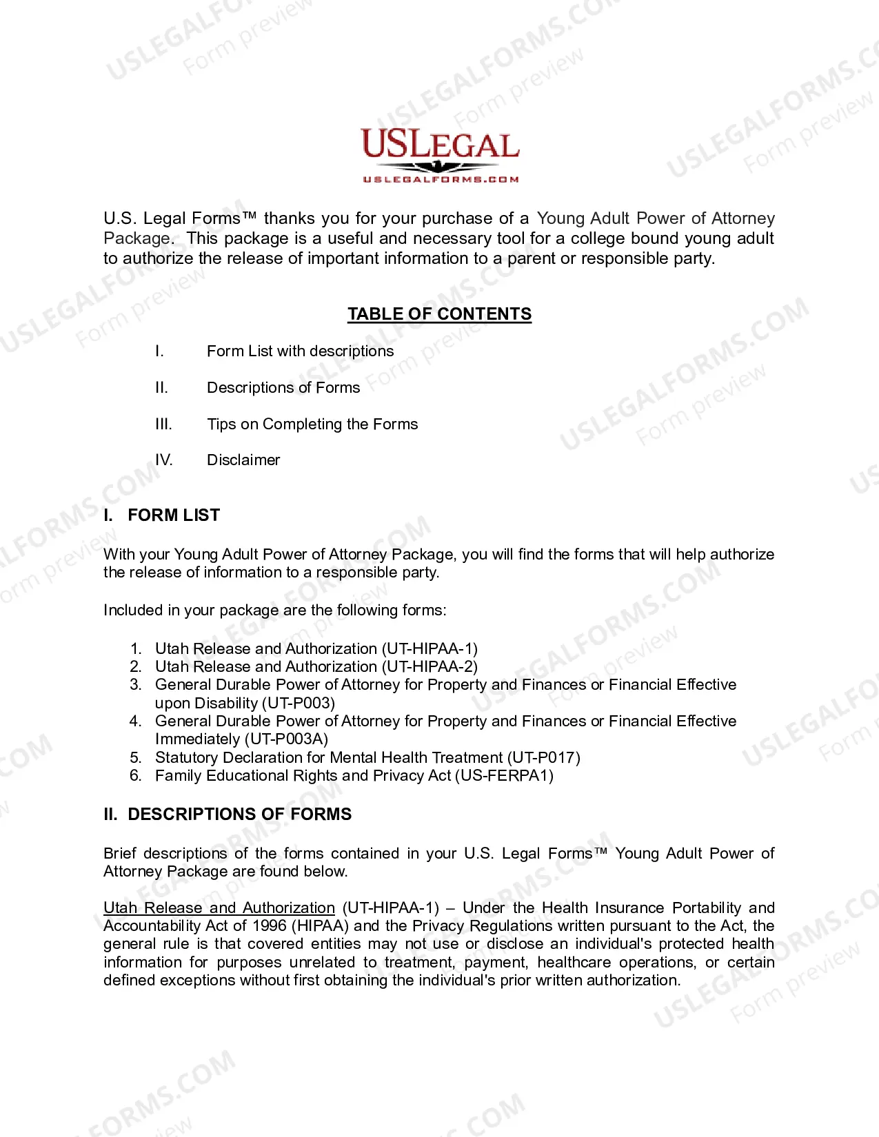 Preview Utah Young Adult Power of Attorney Package