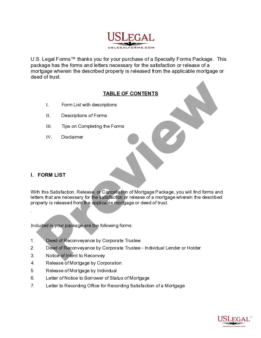 Preview Utah Satisfaction, Cancellation or Release of Mortgage Package