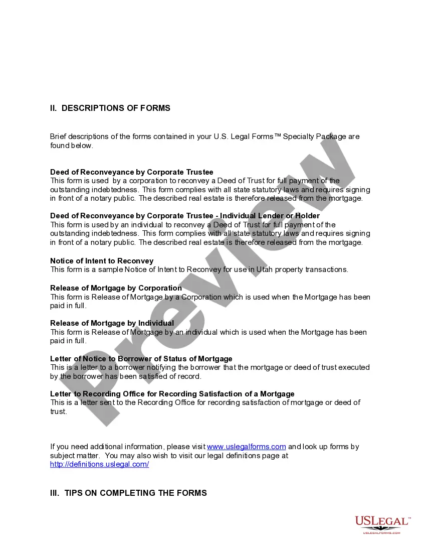 Preview Utah Satisfaction, Cancellation or Release of Mortgage Package