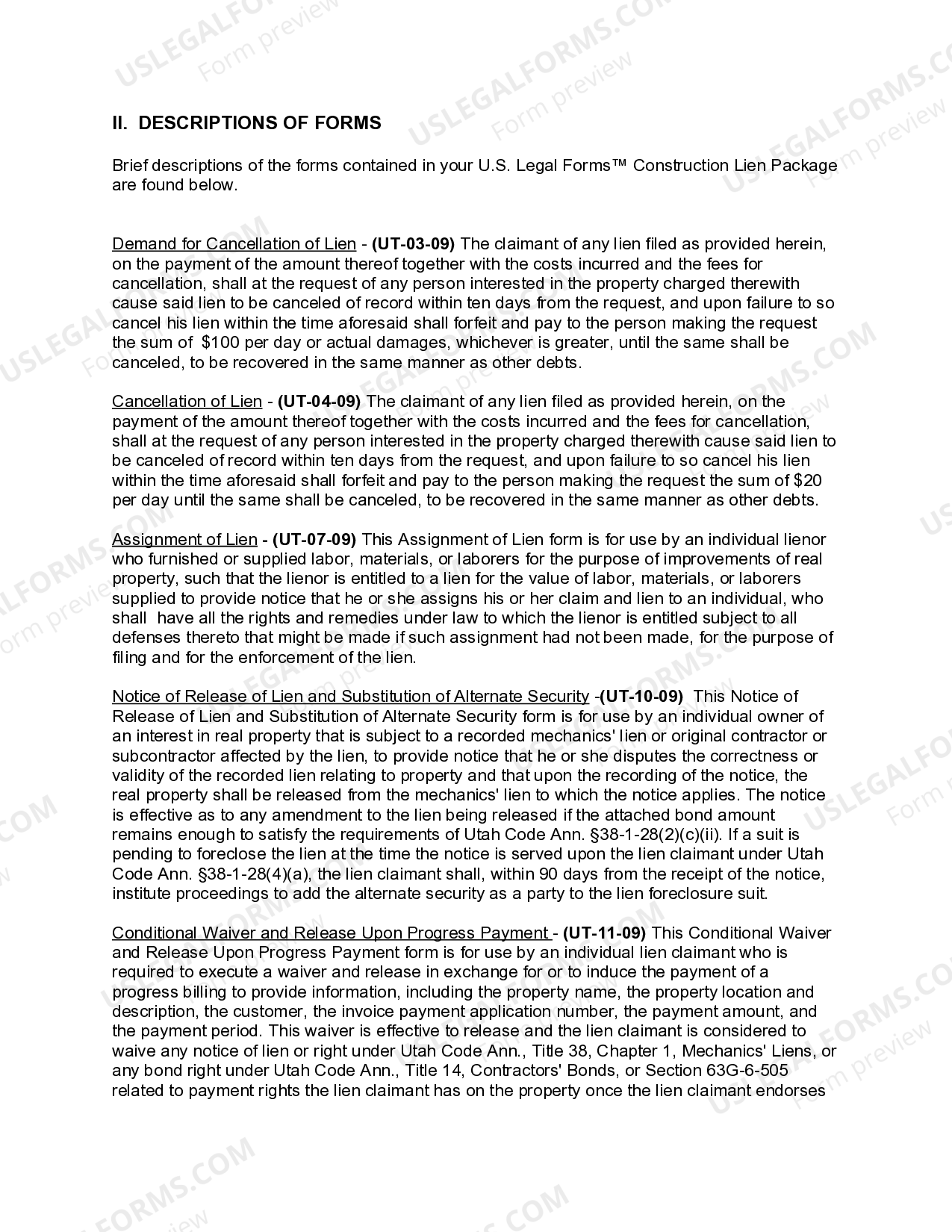 Utah Construction or Mechanics Lien Package Individual Mechanics