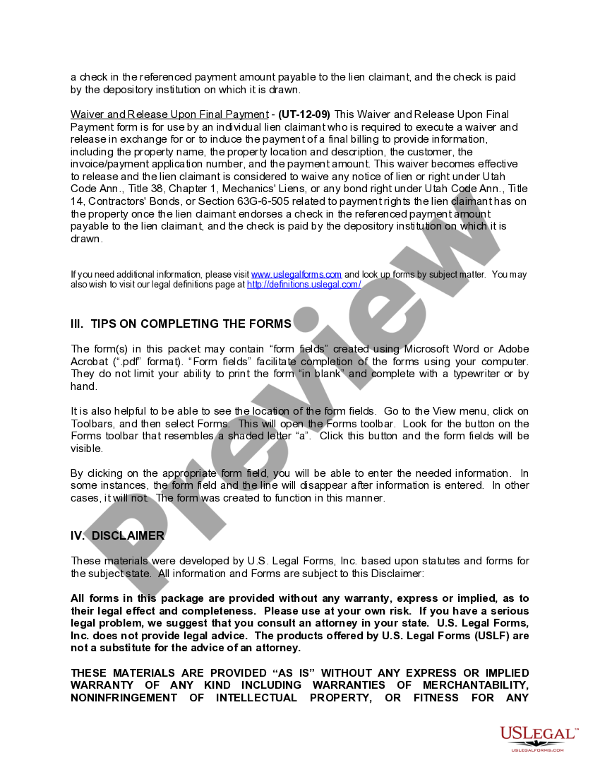 Utah Construction or Mechanics Lien Package Individual Utah