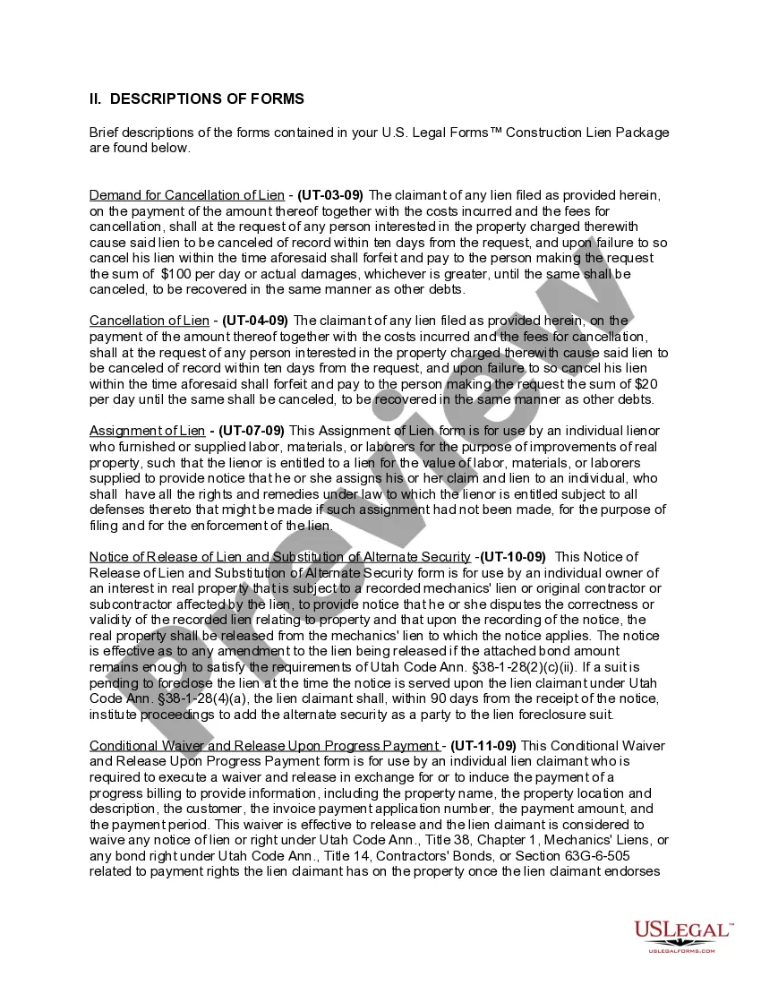 Preview Utah Construction or Mechanics Lien Package - Individual
