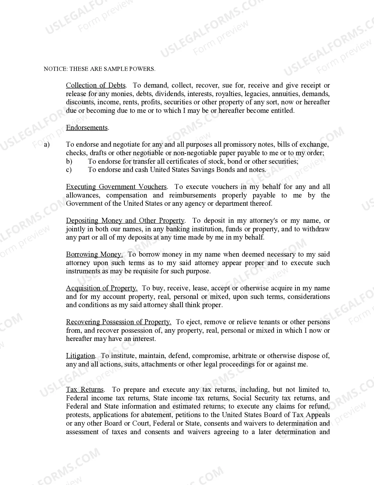 Preview Limited Power of Attorney where you Specify Powers with Sample Powers Included