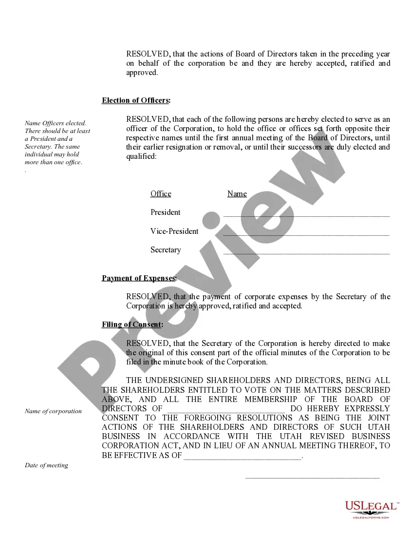 Preview Sample Annual Minutes for a Utah Professional Corporation