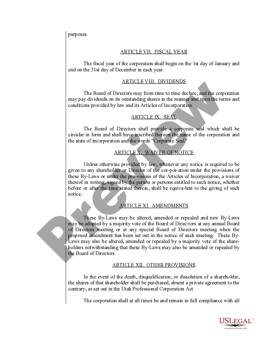 Preview Sample Bylaws for a Utah Professional Corporation