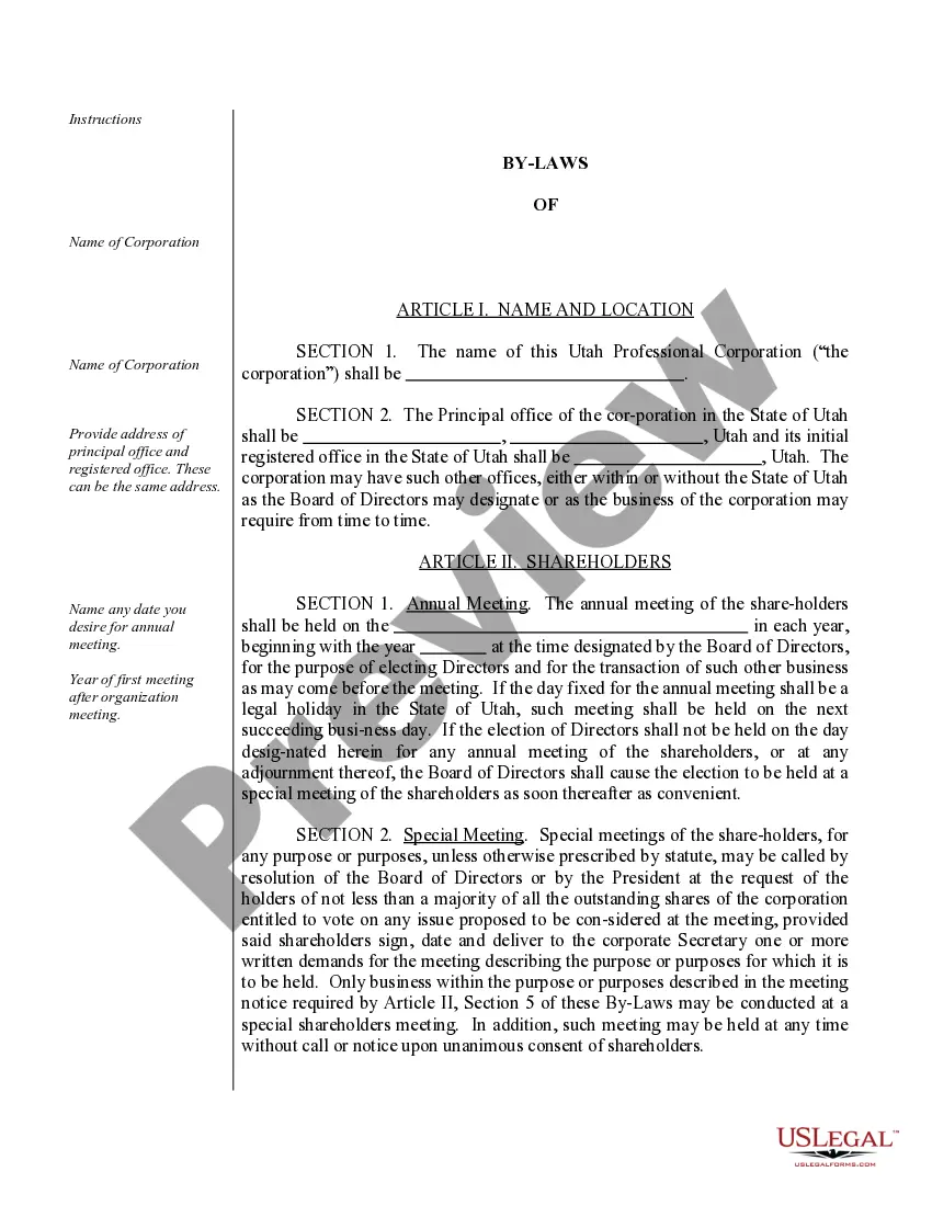 Preview Sample Bylaws for a Utah Professional Corporation