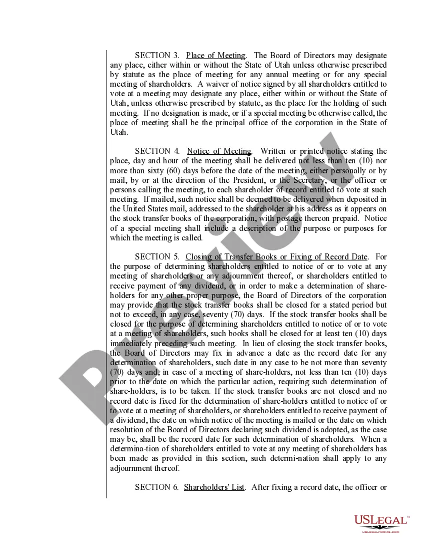 Preview Sample Bylaws for a Utah Professional Corporation