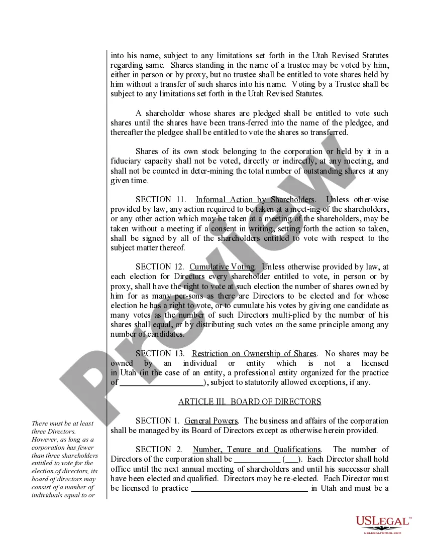 Preview Sample Bylaws for a Utah Professional Corporation