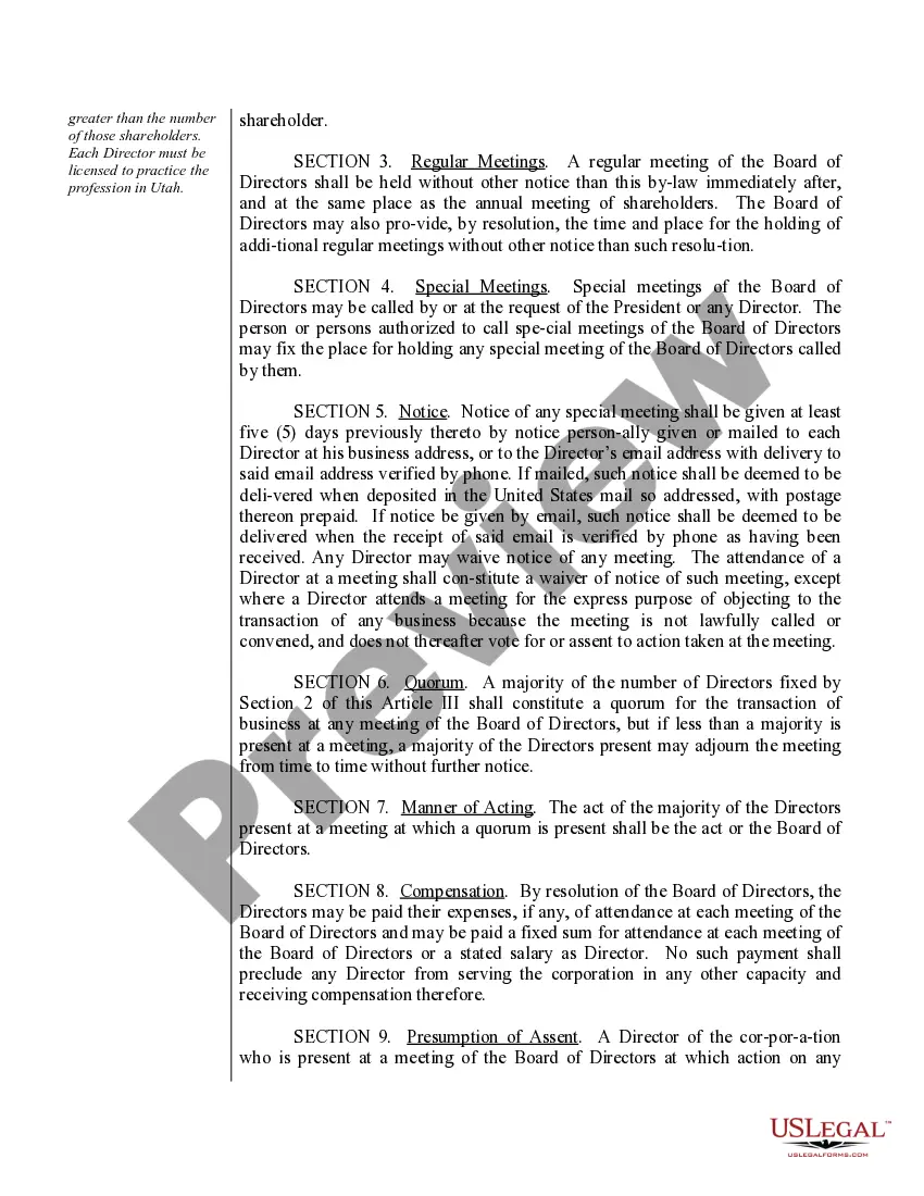 Preview Sample Bylaws for a Utah Professional Corporation