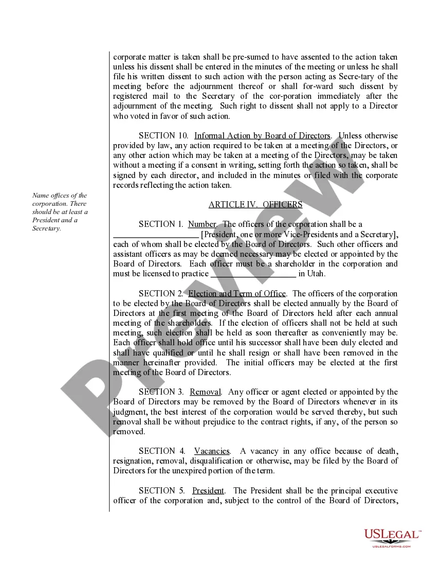 Preview Sample Bylaws for a Utah Professional Corporation