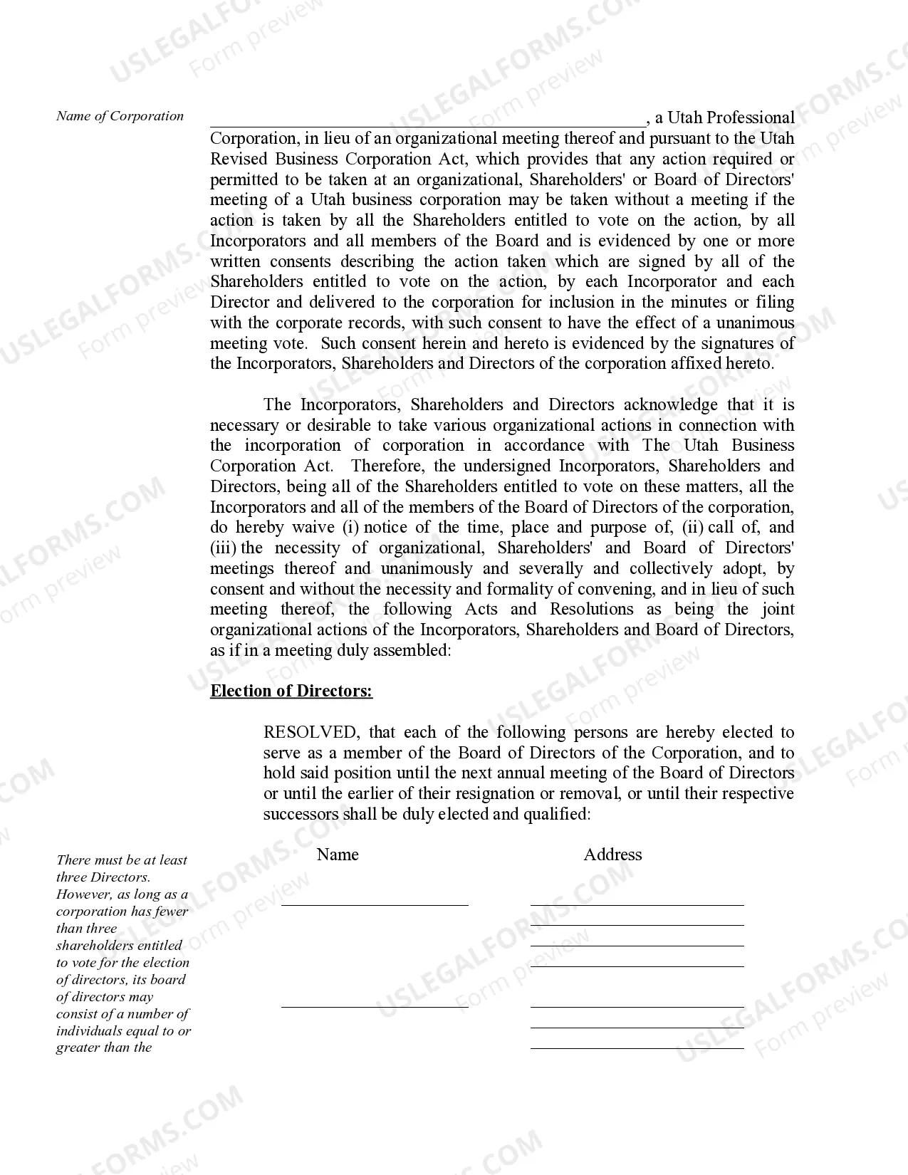 Preview Organizational Minutes for a Utah Professional Corporation