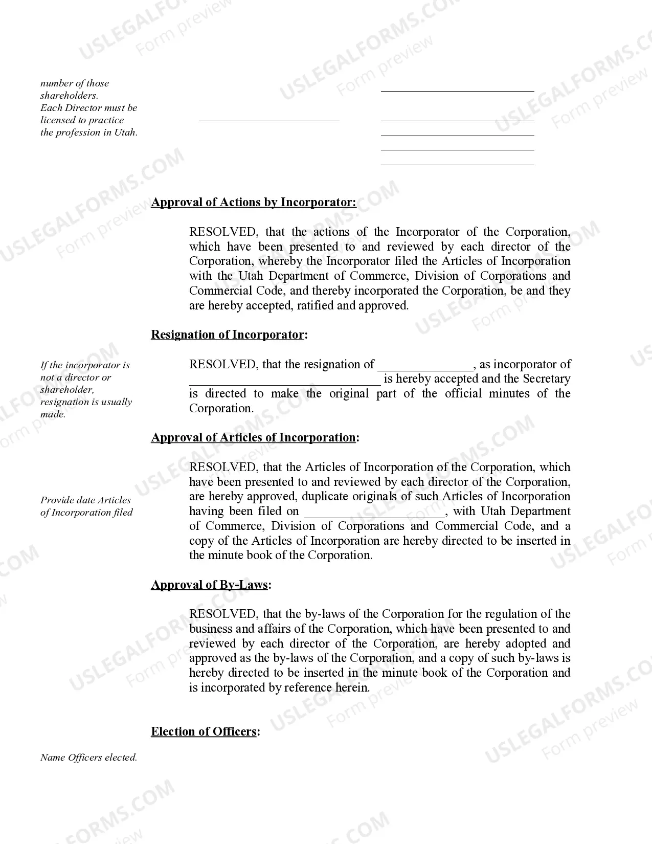 Preview Organizational Minutes for a Utah Professional Corporation