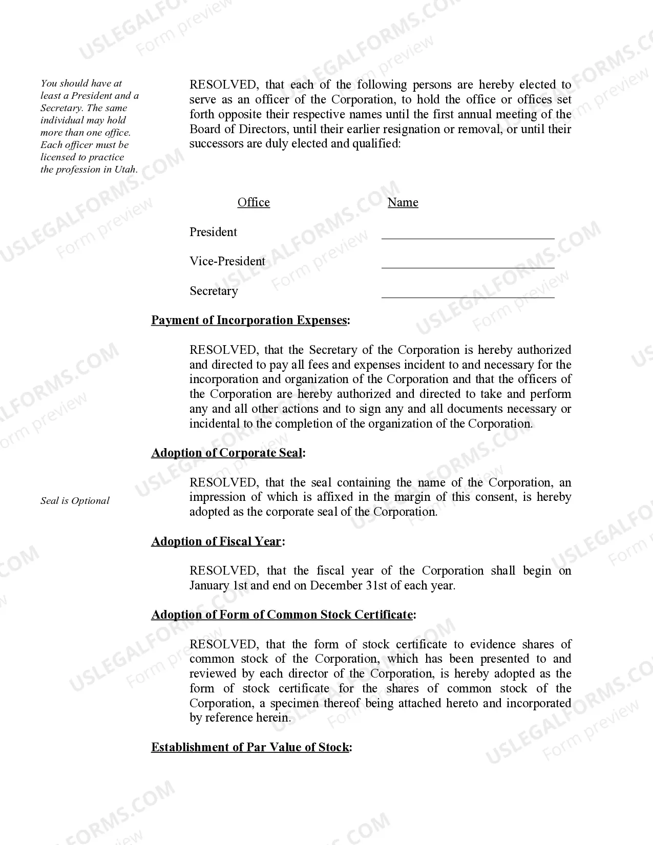 Preview Organizational Minutes for a Utah Professional Corporation
