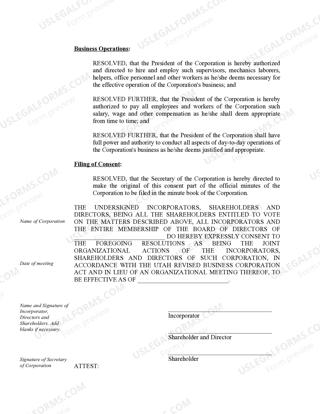 Preview Organizational Minutes for a Utah Professional Corporation