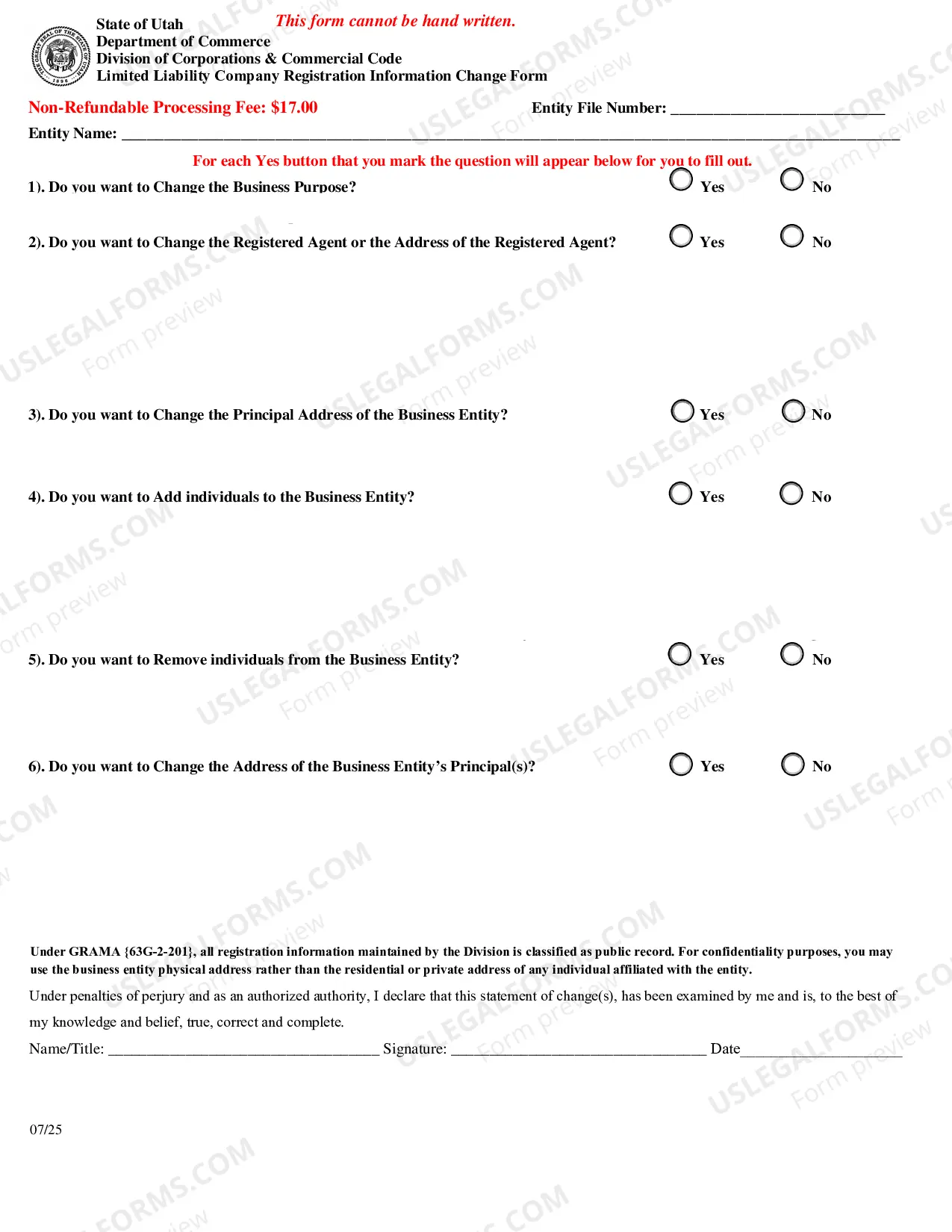 Preview Utah Change of Registered Agent