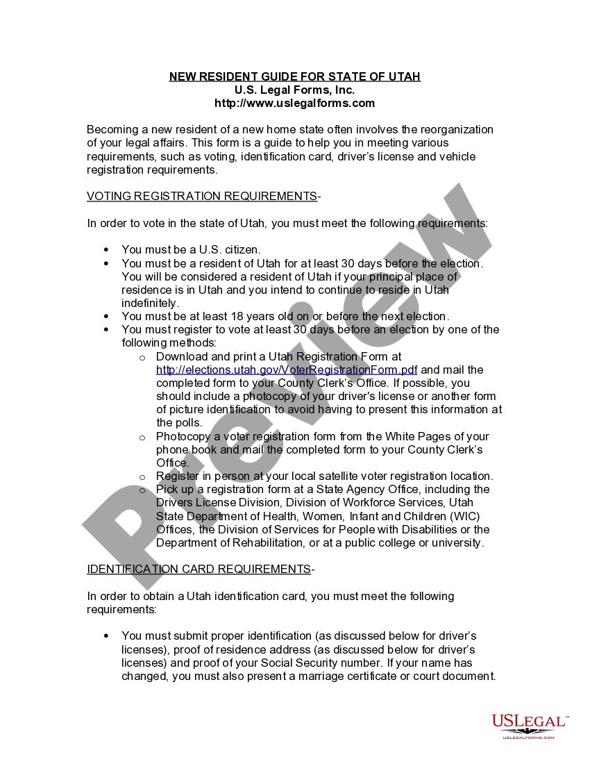 Utah New Resident Guide US Legal Forms