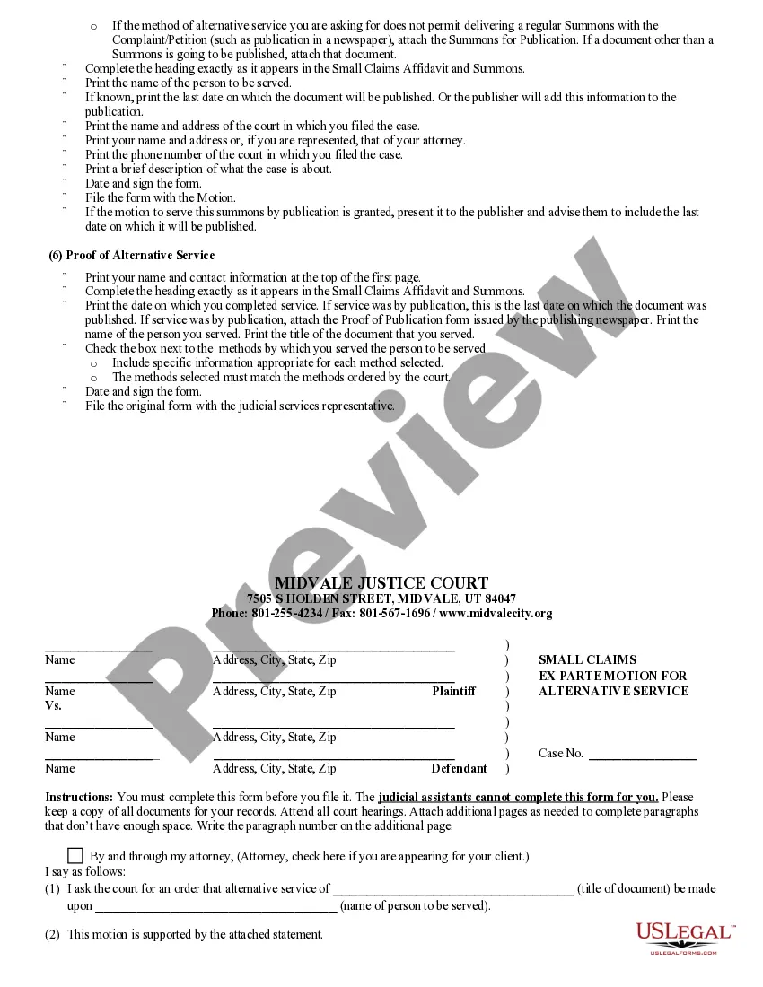 Preview Small Claims Ex Parte Motion for Alternative Service