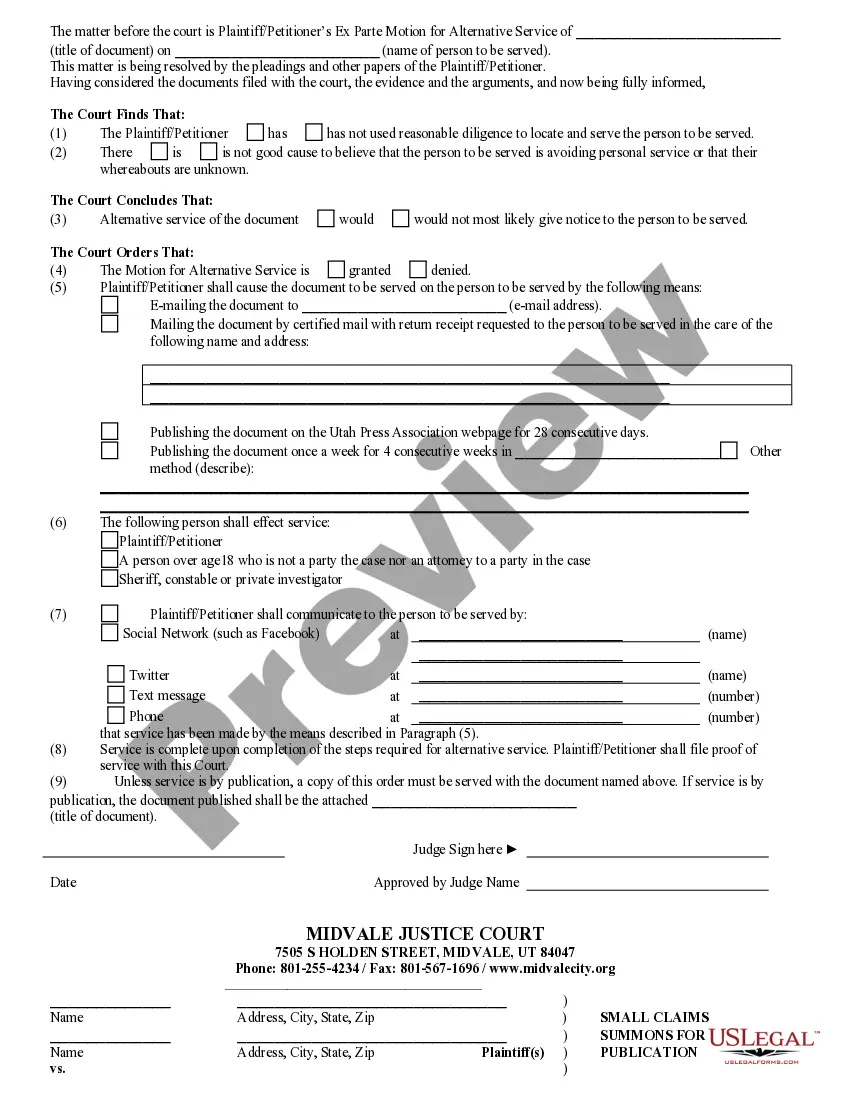 Preview Small Claims Ex Parte Motion for Alternative Service