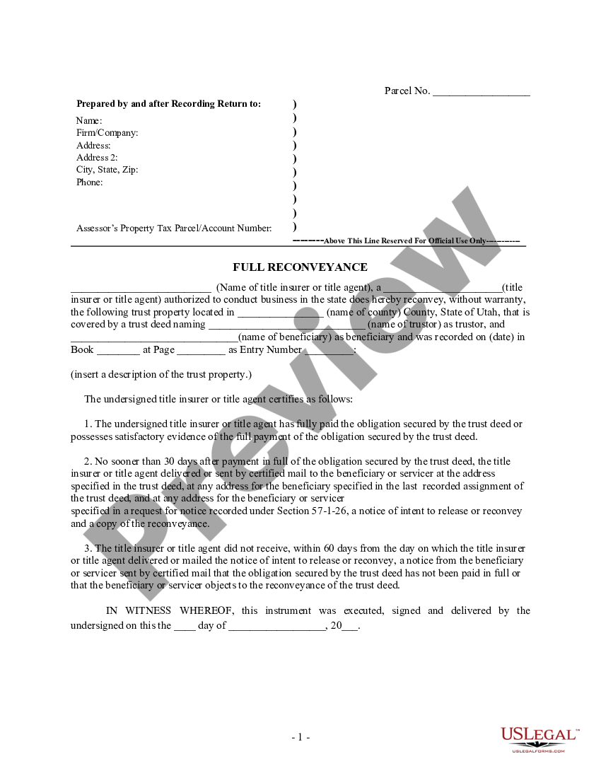 West Valley City Utah Deed of Reconveyance by Corporate Trustee Utah