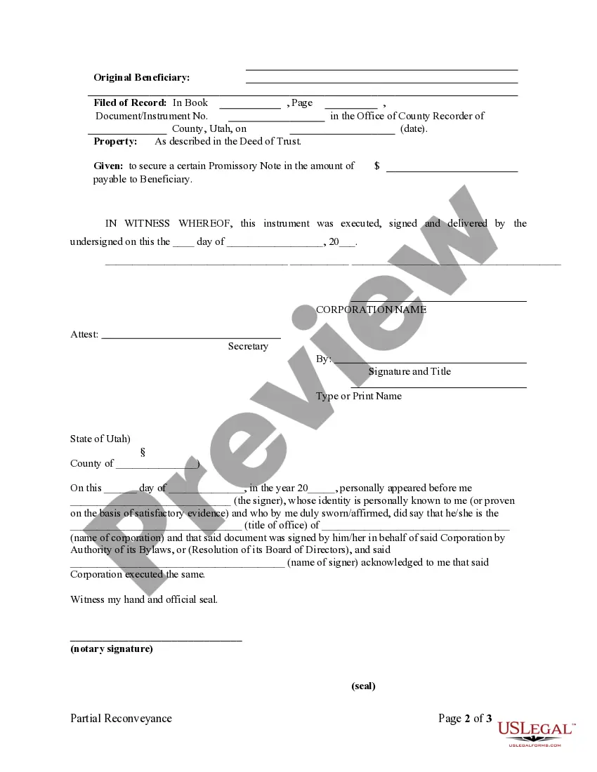 Preview Partial Release of Property From Deed of Trust for Individual