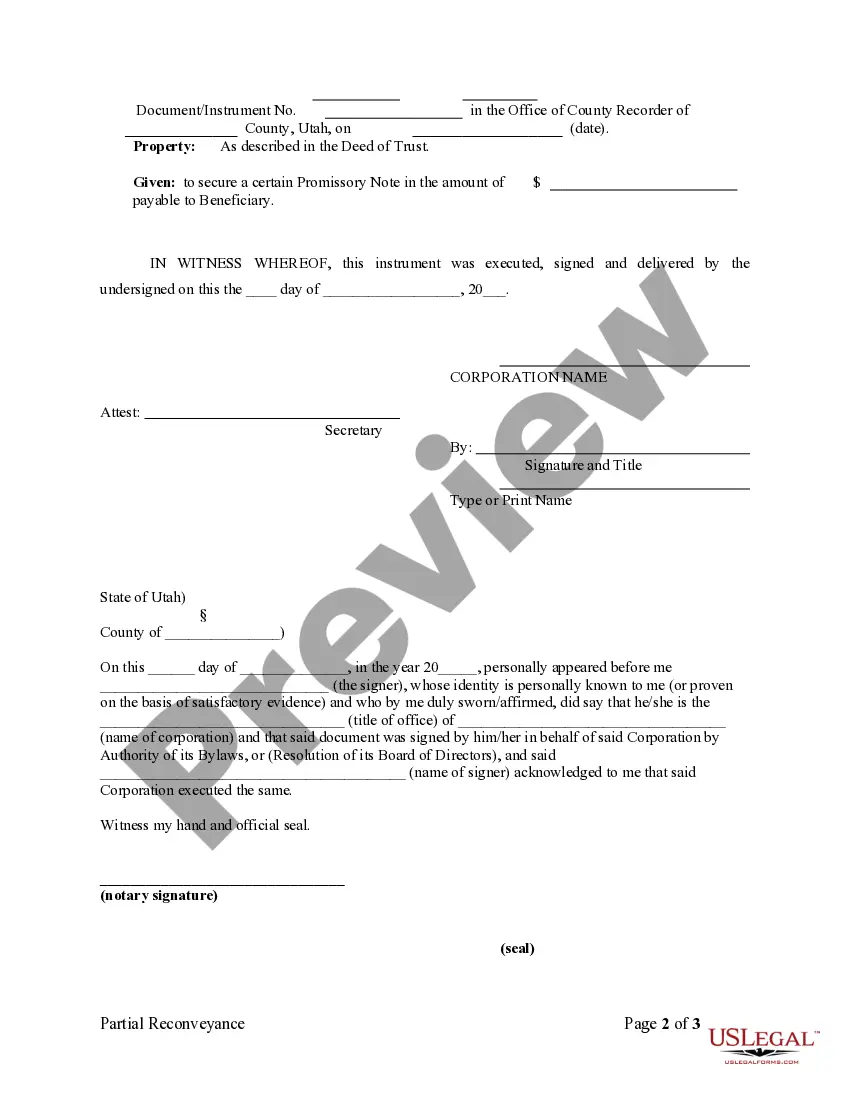 Preview Partial Release of Property From Deed of Trust for Corporation
