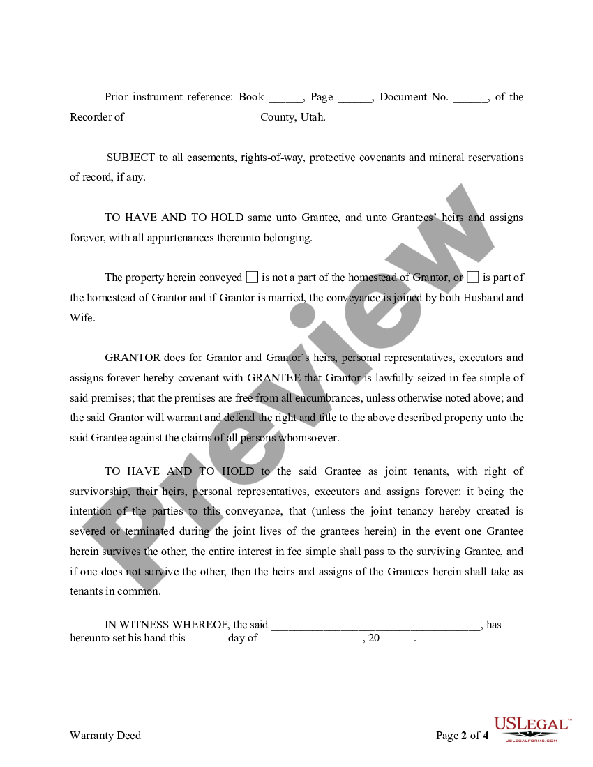 Utah Warranty Deed for Husband and Wife Converting Property from ...