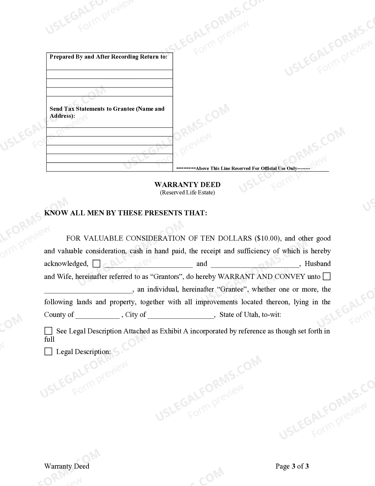 Preview Warranty Deed for Parents to Child with Reservation of Life Estate