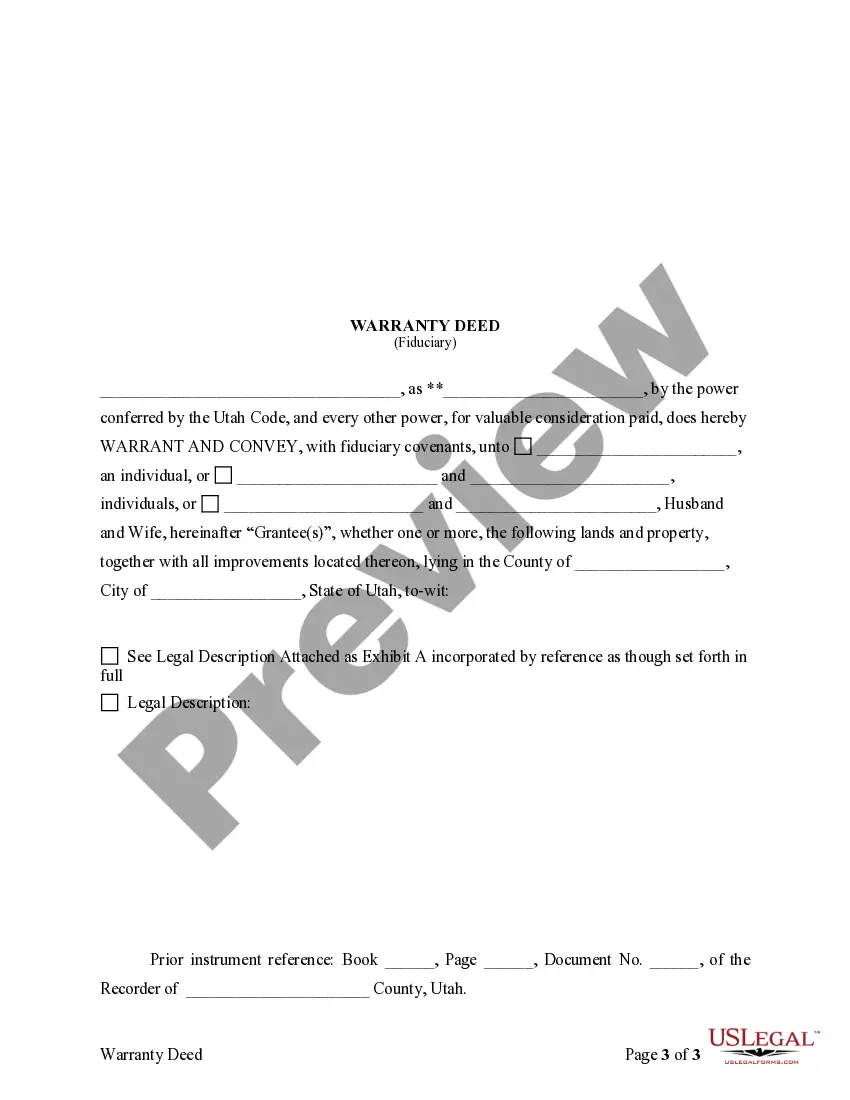 Preview Fiduciary Deed for use by Executors, Trustees, Trustors, Administrators and other Fiduciaries
