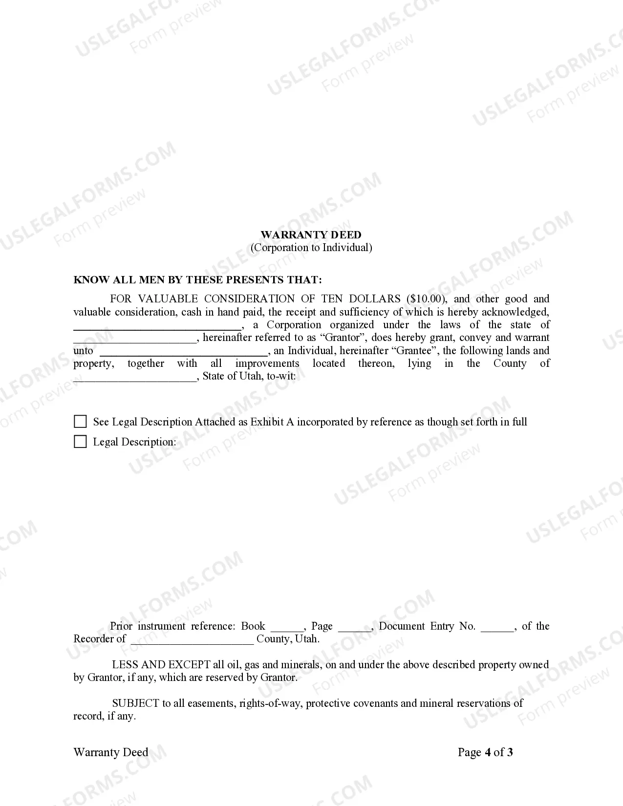 Preview Warranty Deed for Corporation to Individual