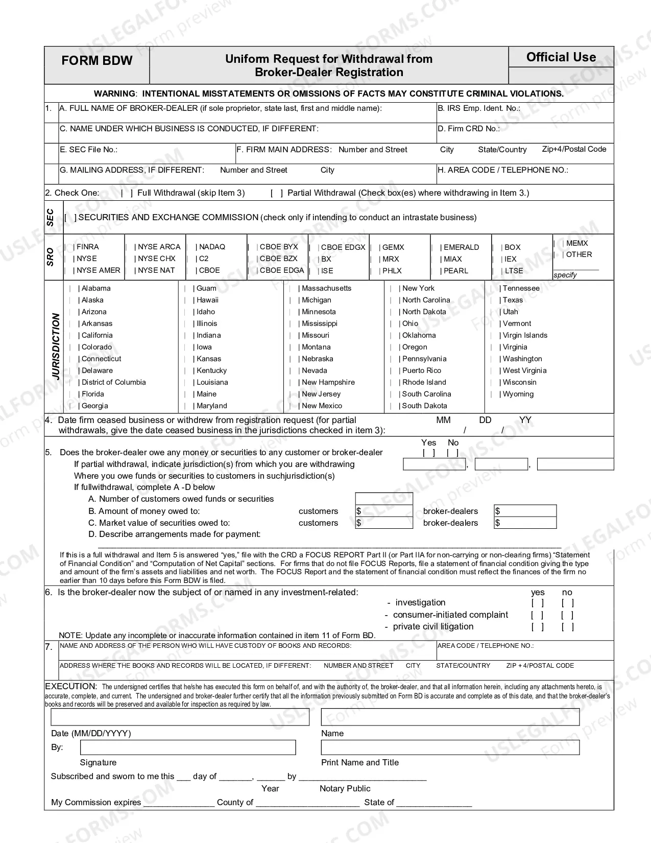 Preview Uniform Request for Broker-Dealer Withdrawal