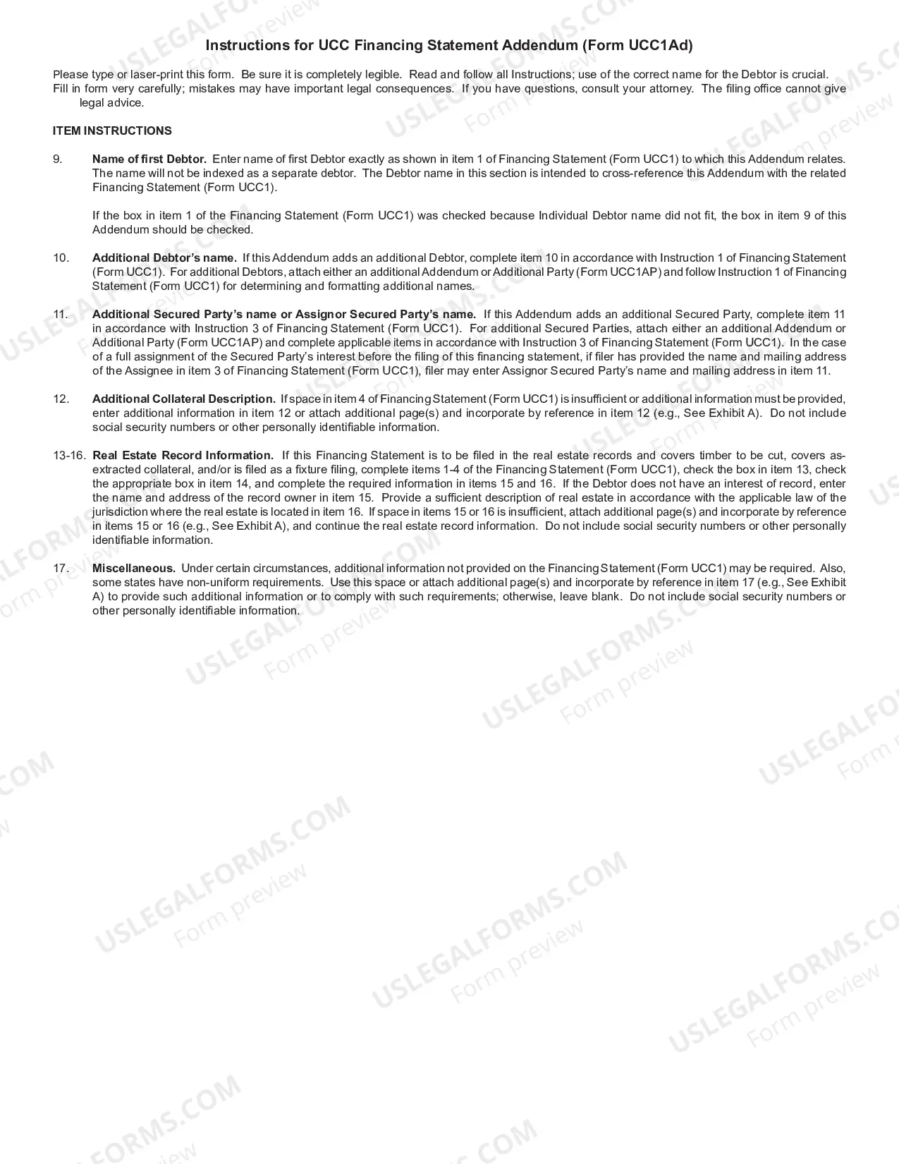 Preview UCC 1 Financing Statement Addendum Form