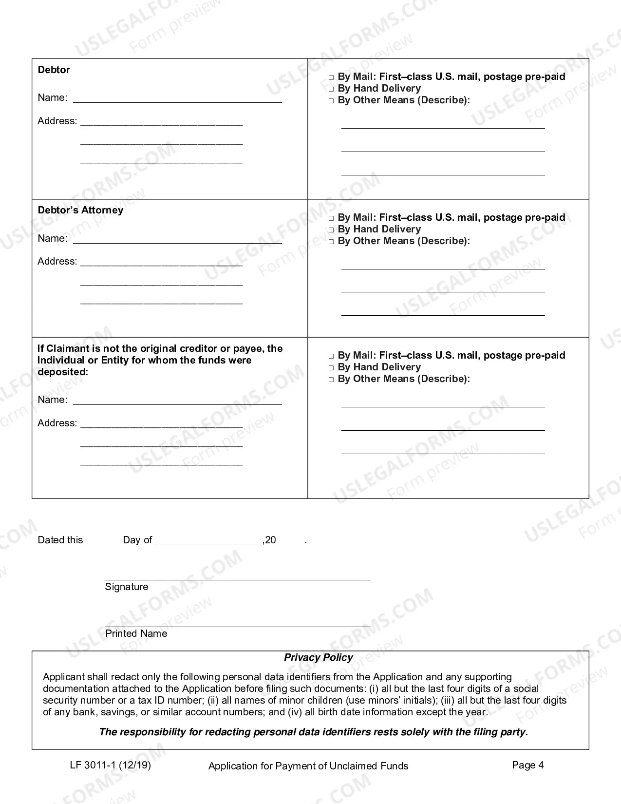 Preview Application For Payment of Unclaimed Funds Notice of Objection Deadline