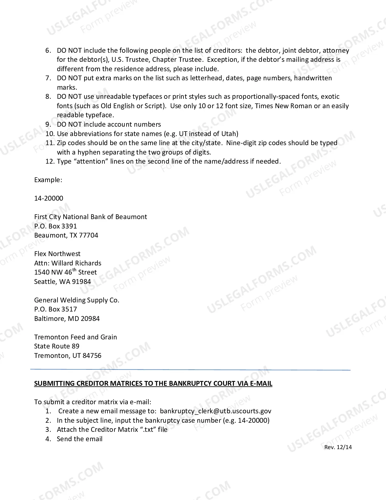 Preview List of Creditors Instructions