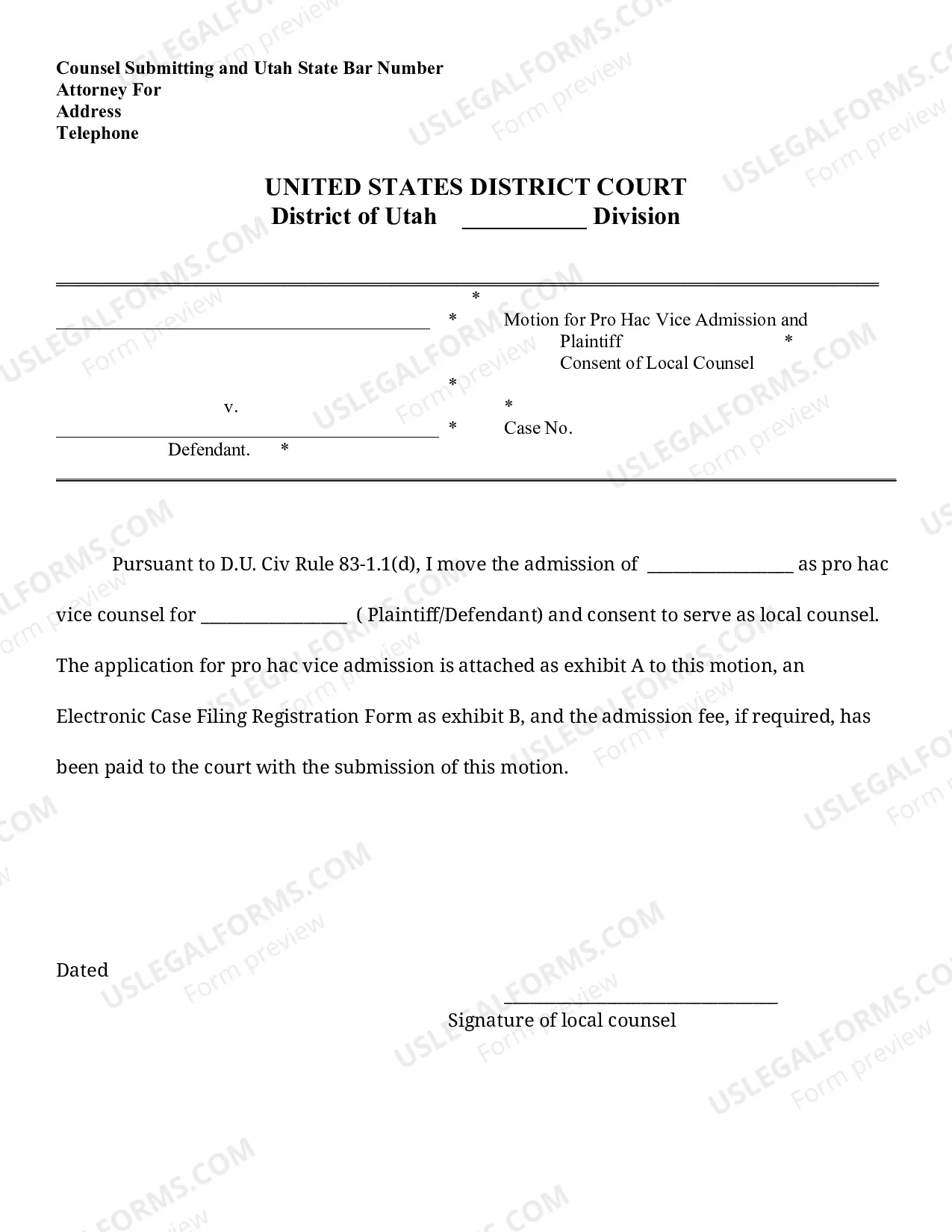 Preview Admission Pro Hac Vice (Instructions And Forms)