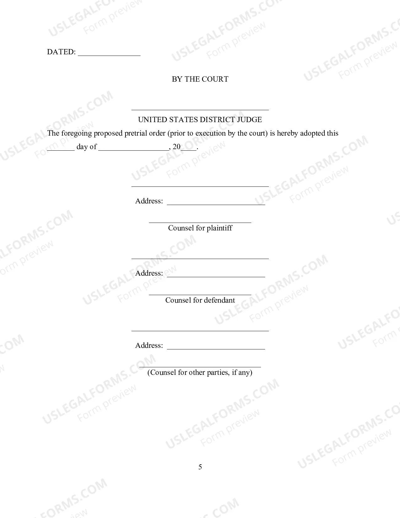 Preview Pretrial Order (General Form)