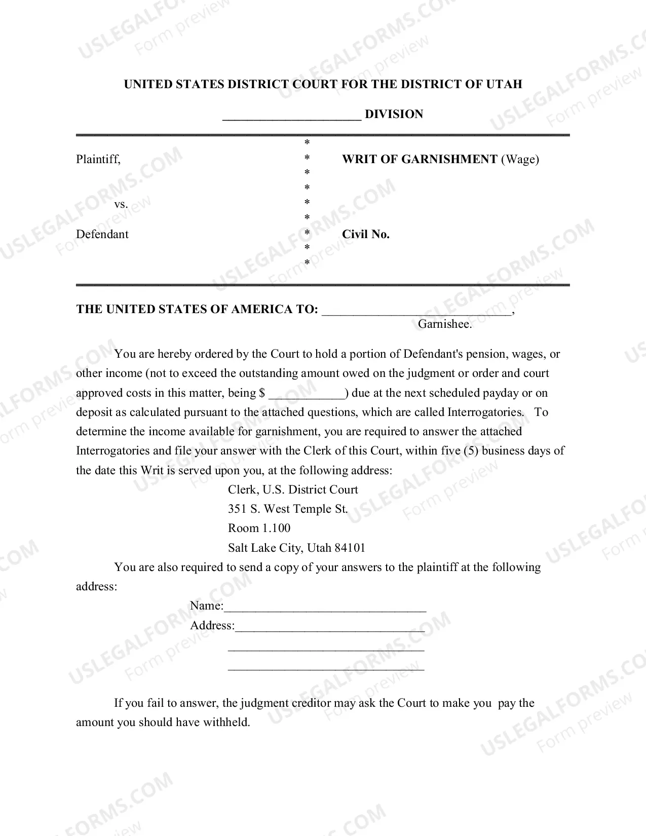 Preview Garnishment Packet - Personal Service