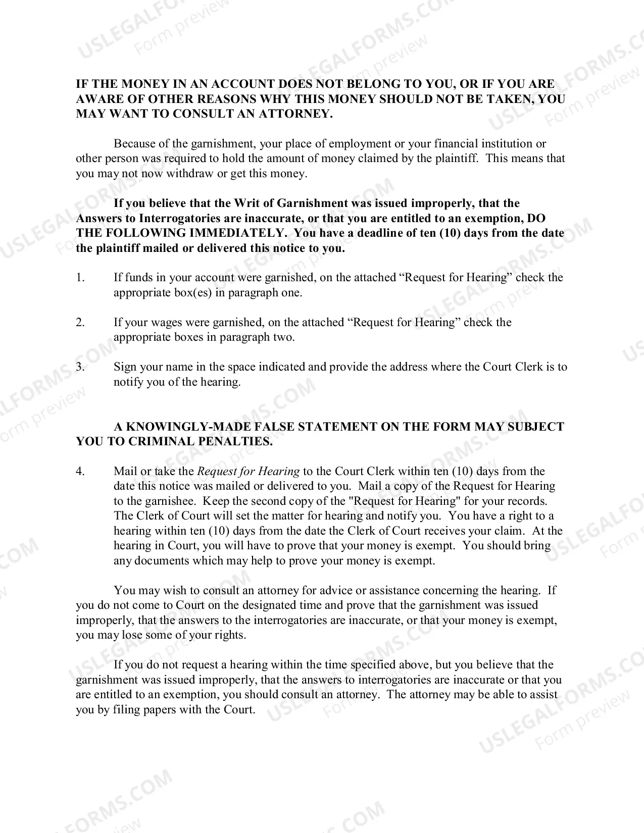 Preview Garnishment Packet - Personal Service