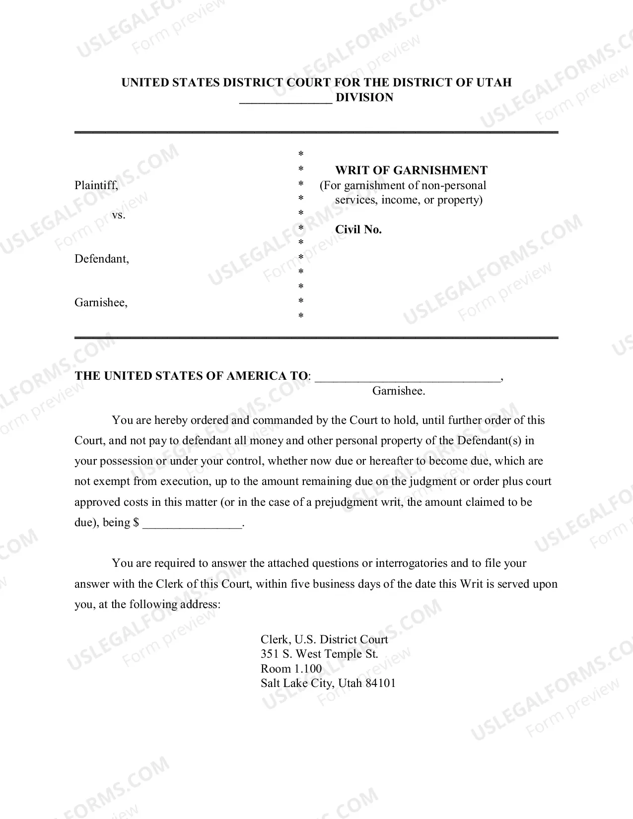 Preview Garnishment Packet - Not Personal Service