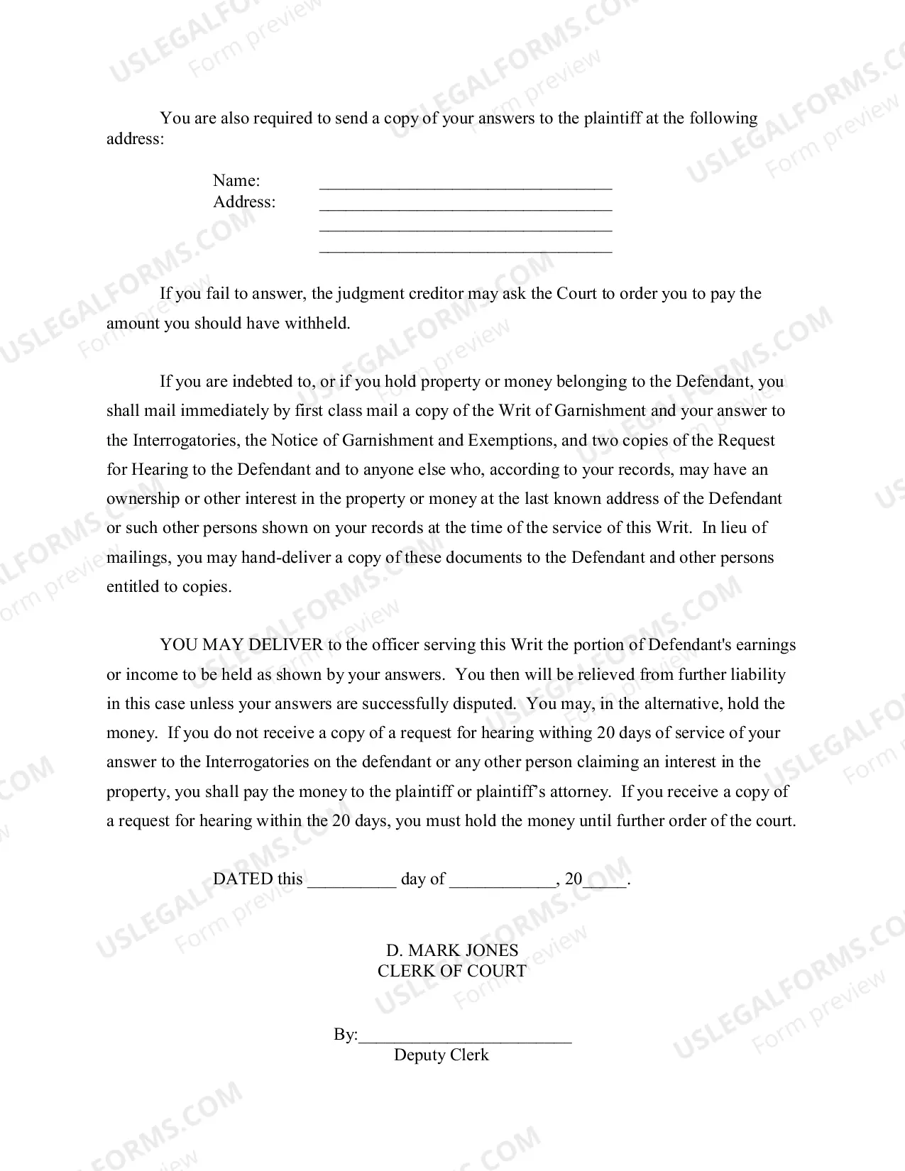 Preview Garnishment Packet - Not Personal Service